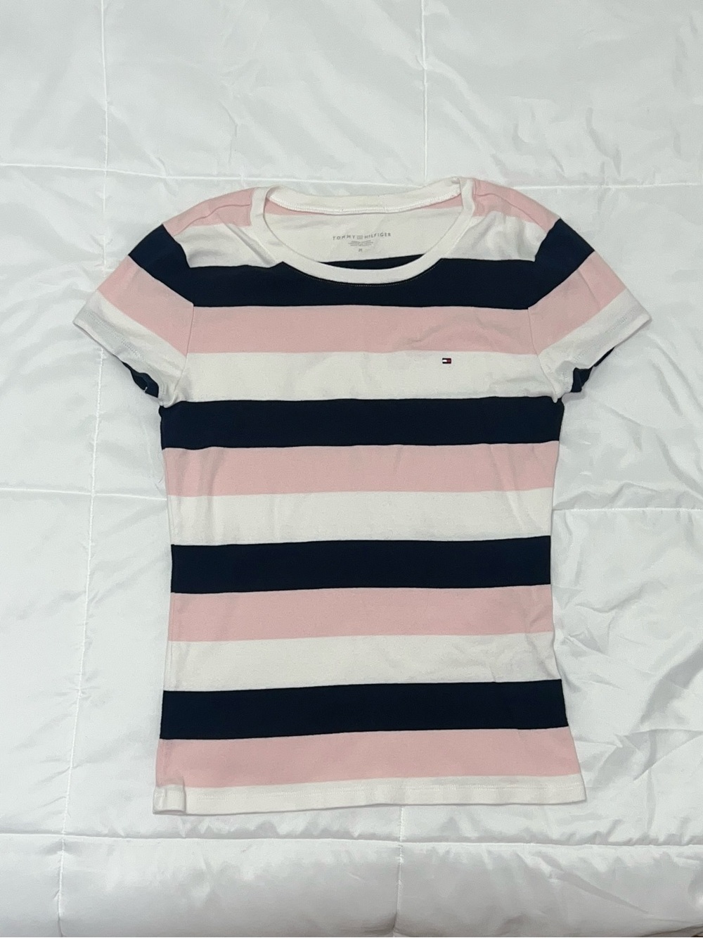 Tommy Hilfiger Pink, Black And White Striped T-shirt 100% Cotton Size Medium